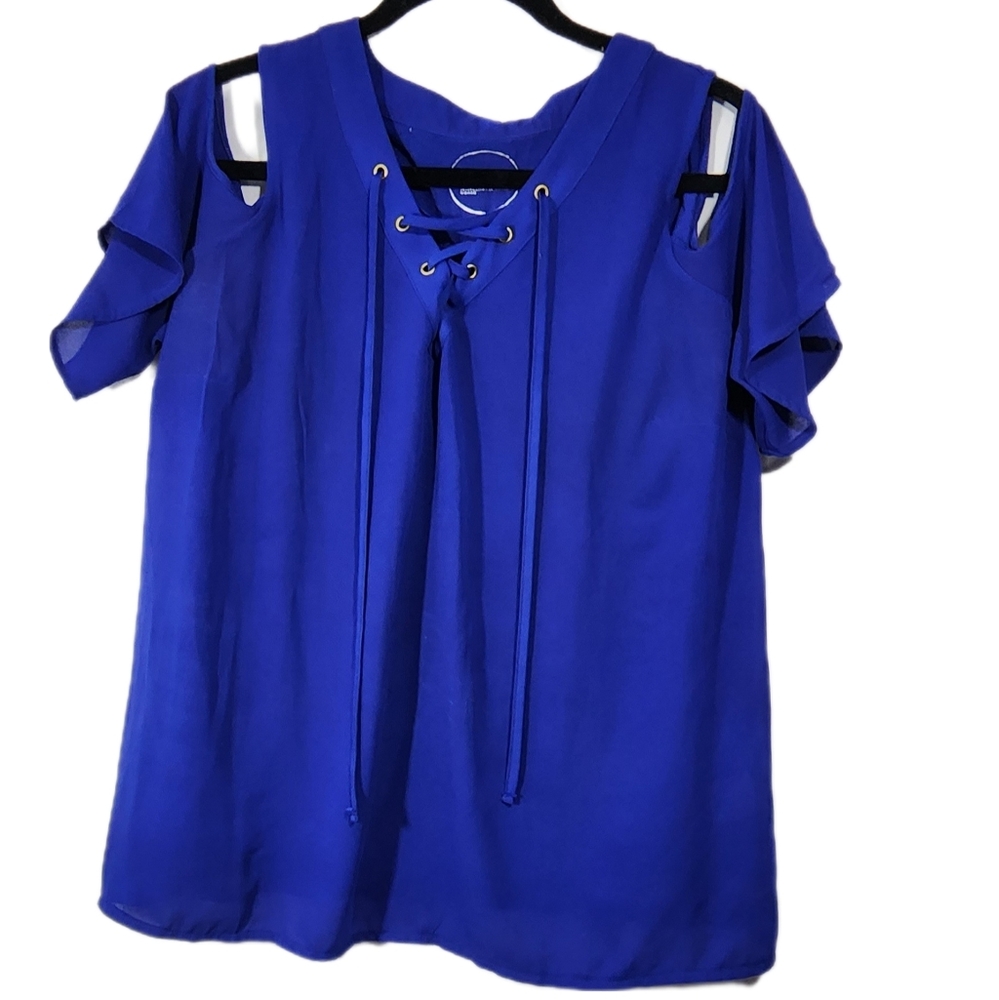 INC Navy Blue blouse with drawstring and a peekaboo shoulder